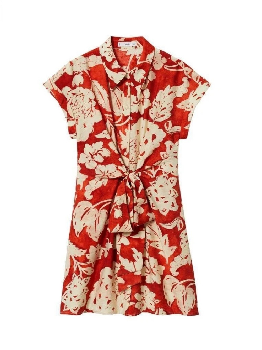 Mango Red and Cream Floral Tie-Front Midi Dress